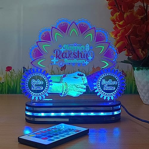 Image of lampees Personalized Raksha Bandhan 3D LED Lamp Brother Sister Name | UV Printed, Multi Colour LED, Remote Controlled, Customisable Names, Acrylic Stand