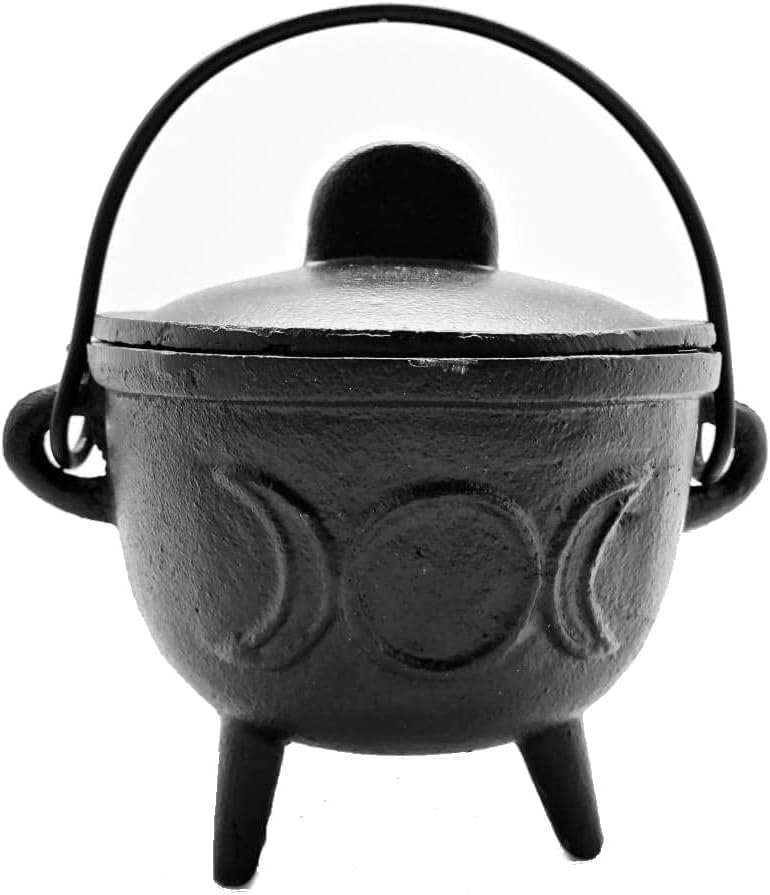 CircuitOffice Medium Triple Moon Cast Iron Cauldron with Lid 4.5" x 4.25" for Burning Charcoal Incense, Cone, Smudge Sage and Incense Powder