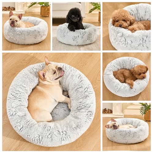Image of Dog Calming Beds for Small Medium Large Dogs - Round Donut Washable Puppy Dog Bed, Anti-Slip Faux Fur Fluffy Donut Cuddle Anxiety Cat Pet Bed (36 inch Rose)