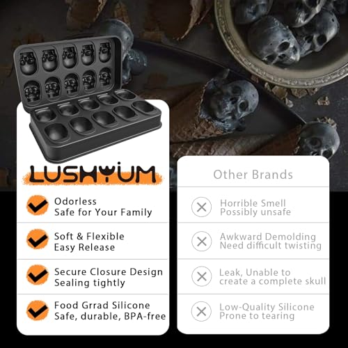 Image of LUSHYUM Ice Cube Mold Tray 3D Skull Mold, 2Pack BPA-Free Skeleton Head Maker Mold, Flexible & Easy Release Skull Molds for Baking Whiskey Cocktail Chocolate Resin, Ideal Gift for Halloween Party