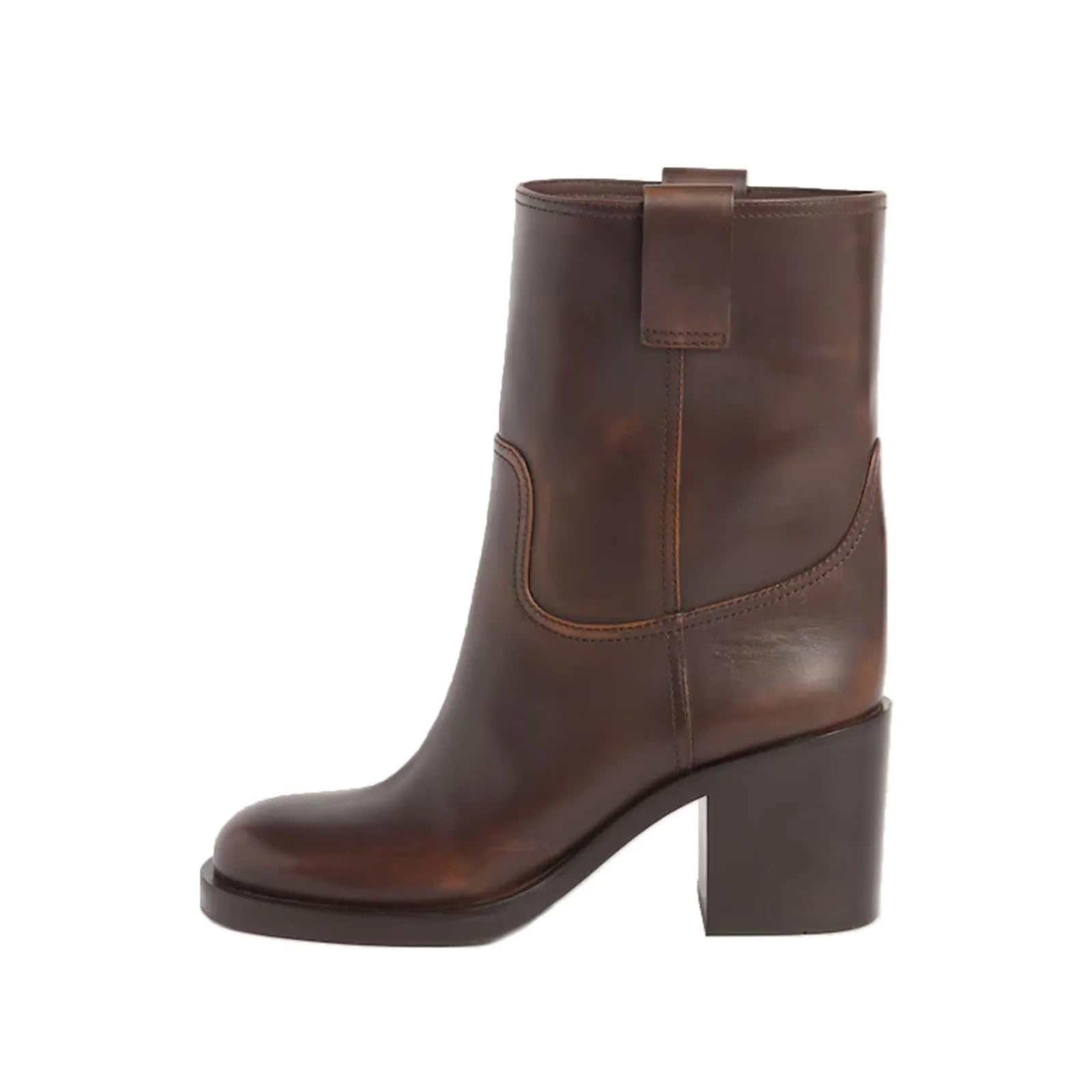 Genuine leather Wide calf Chunky heel Ankle boots Black Round toe Pull-on brown boots Slip on round toe