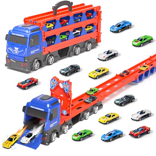 Doloowee Transport Truck Spielzeug ab 3 Jahren,Tragbare Transport LKW Spielzeugautos mit 12 Mini-Rennwagen, Autotransporter für Jungen im Alter von 3 4 5 6 7 Jahren