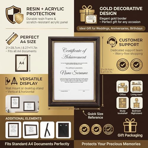 A4 Graduation Certificate Photo Frame, Certificate Frame, Document Frame, Black Border. Suitable for wall or desktop use. Size: 8.27-11.7 (in).