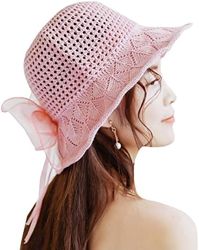 Kennedy Women Cotton Crochet Weave Brim Sun Hat Fashion Bucket Hat Bowknot Lace Shade Gift for Mom Wife, Pink