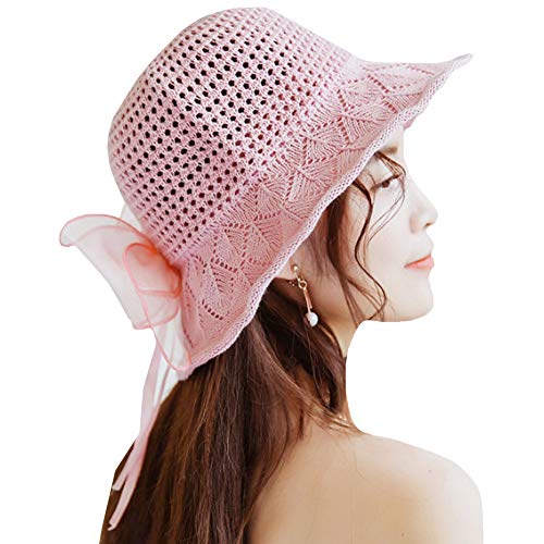 Kennedy Women Cotton Crochet Weave Brim Sun Hat Fashion Bucket Hat Bowknot Lace Shade Gift For Mom Wife, Pink #TOP1
