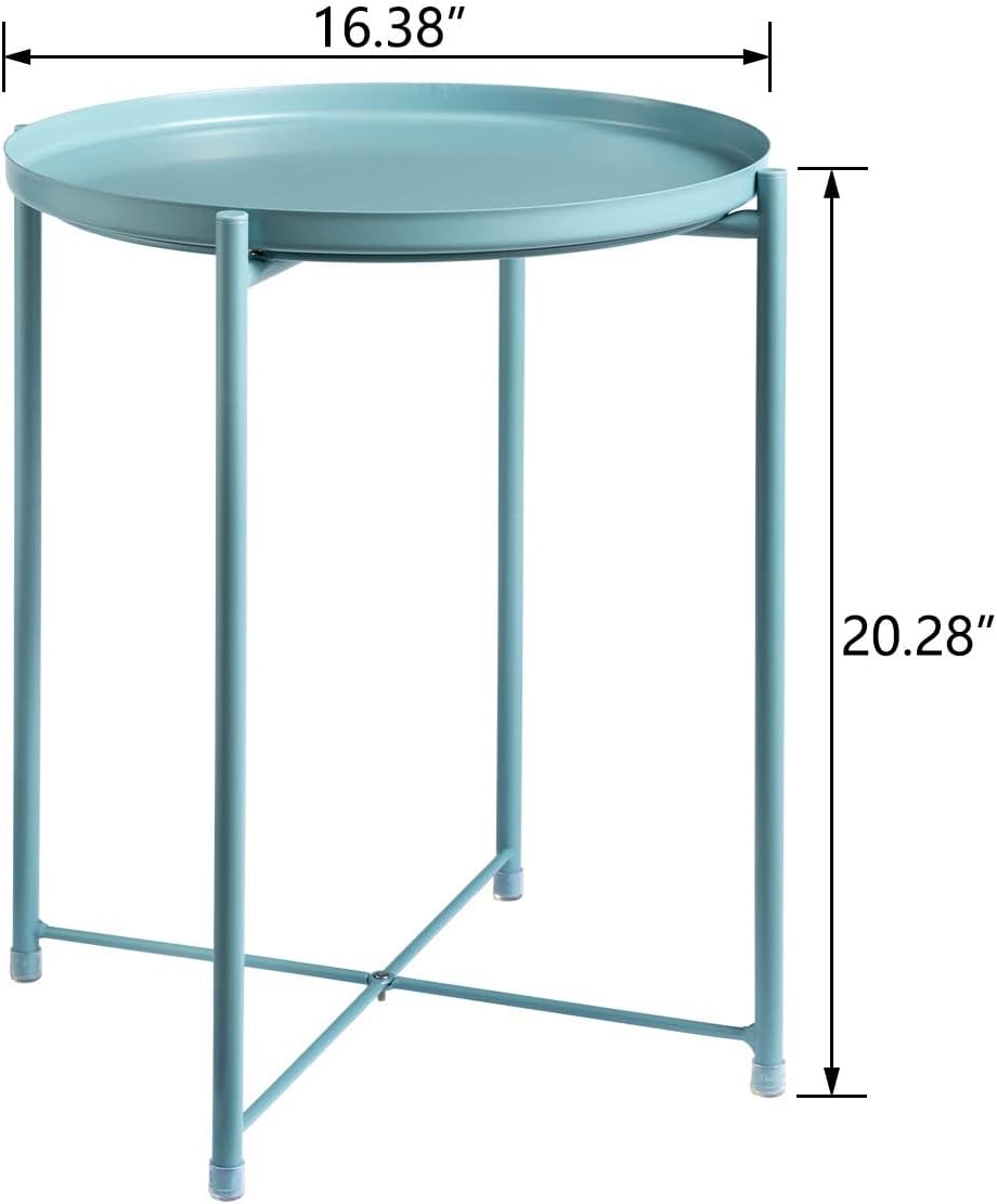 HollyHOME Tray Metal End Table, Sofa Table Small Round Side Tables, Anti-Rust and Waterproof Outdoor & Indoor Snack Table, Accent Coffee Table,（H） 20.28" x（D） 16.38", Morandi Blue