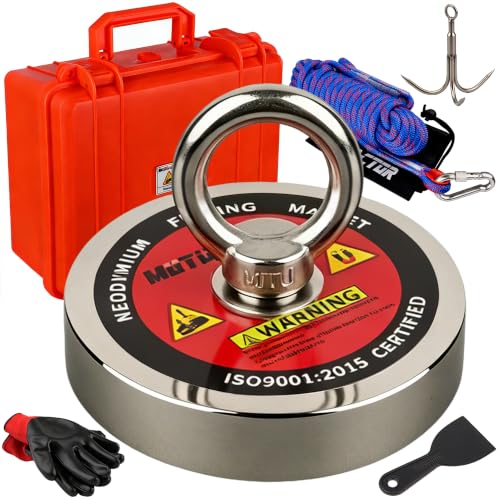 MUTUACTOR Powerful Fishing Magnet Kit Heavy Duty,1400lbs Φ4.21” Permanent Neodymium Magnets,Rare Earth Magnets with 65FT Rope Gloves for Treasure Hunting Metal Retrieval Underwater Searching