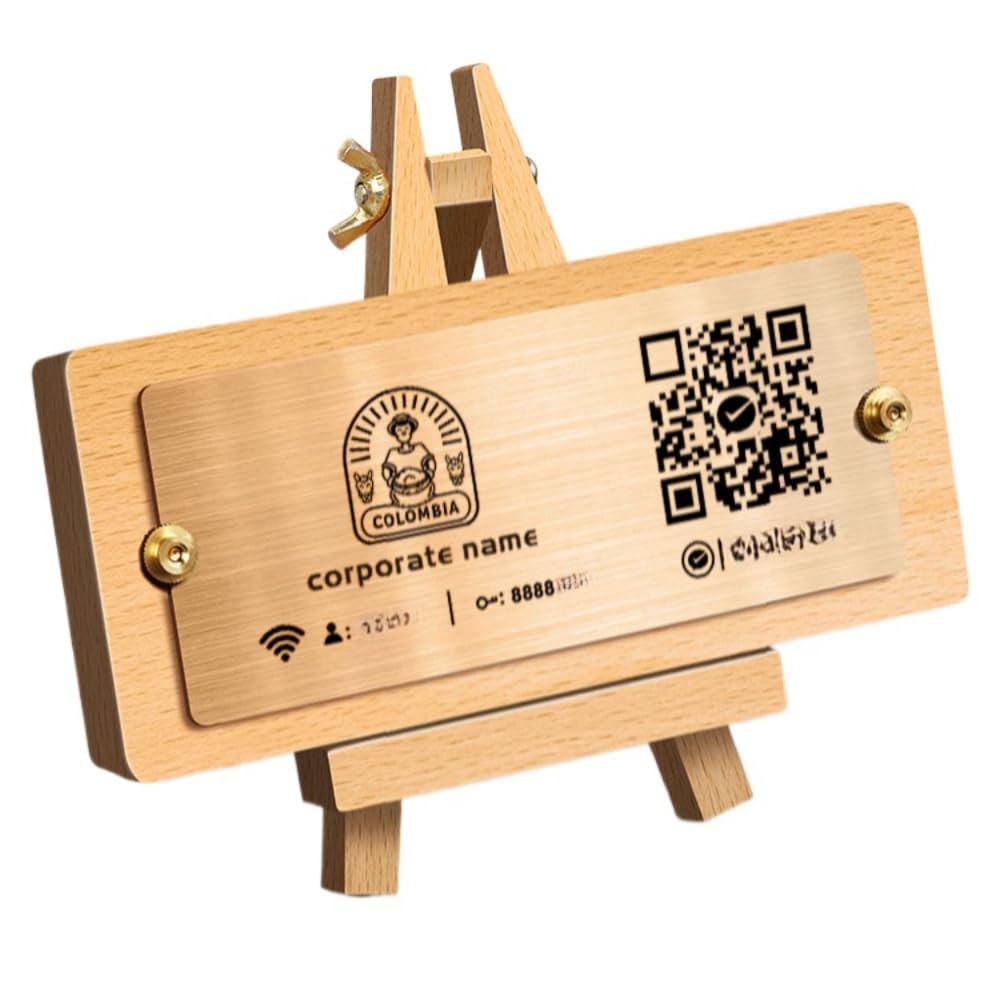 hadefa Custom QR Code Payment Sign – Walnut Wood Desktop Display Stand for Cashier Counter, Checkout Table, or Reception – Personalized Scan to Pay Card Holder (1 wifi Sign+1 QR Code)
