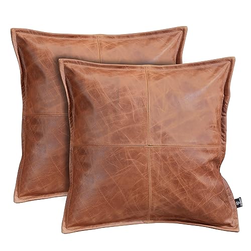 QAWACH Lambskin Leather Pillow Cover - Sofa Cushion Case - Decorative Throw Covers for Living Room or Bedroom 22" x 22" - Cognac Box Pack of 2