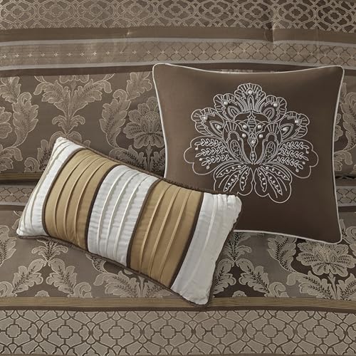 Madison Park Bellagio Cozy Comforter Set - Luxurious Jaquard Traditional Damask Design, All Season Down Alternative Bedding with Matching Shams, Decorative Pillow, King(104"x92"), Brown/Gold 7 Piece by Madison Park - Image 7