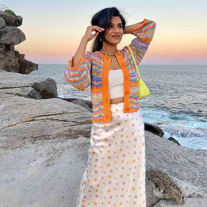Image of Autumn and Winter Rainbow Striped Sweater Loose Knit Sweater Women's Sweater Cardigan