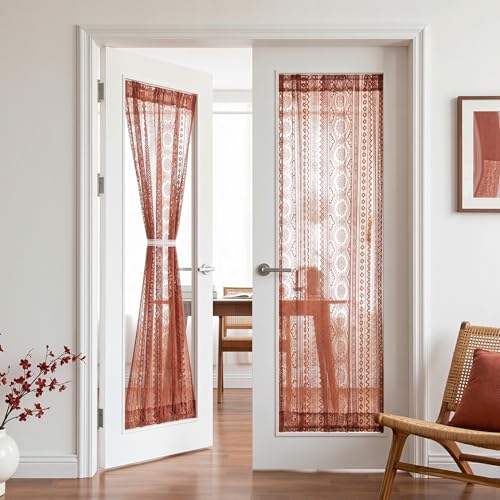 Image of MYSKY HOME Lace Boho French Door Curtains 72 inch Long 2 Panels Sheer Floral Curtains for Door Window Scalloped Doorway Sidelight Curtains Come with 2 Matching Tie-Backs, 26 inch W Each Panel, Terracotta