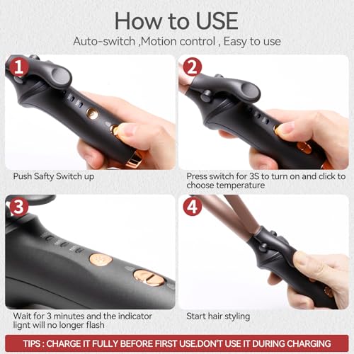 Image of Cordless Curling Iron Travel Mini Curling Iron USB Rechargeable 4000 mAh 3 Temp Setting Ceramic Curling Wand