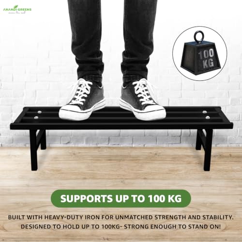Image of Anandi Greens Black Heavy Duty Metal Plant Stand for Outdoor Balcony Indoor Living Room and Garden Iron Flower Pot Stand for Plants Rust Resistant Plant Pot Holder Rack for Grow Bags, Planters and Pots Supports Up to 100 kg 76.2 x 20.32 x 17.78 cm