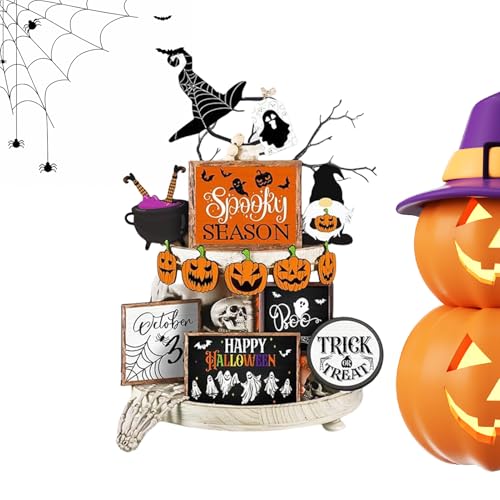 ハロウィン 木製デコレーション, 不気味なカボチャとお化けの木製サイン テーブル用, 恐ろしいハロウィンデスクトップ装飾 本棚・リビング・寝室・キャビネット・書斎棚用