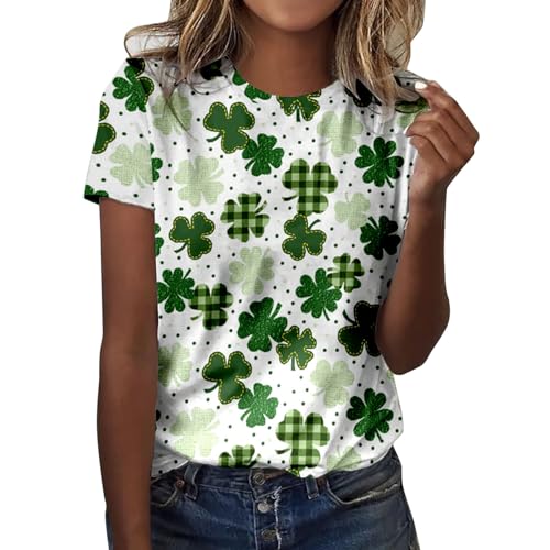 Mujeres Moda St Pa Day Estampado Camisas Cuello Redondo Manga Corta T Tops Túnica Blusa Camiseta Mujer Manga Larga, Blanco, XXL