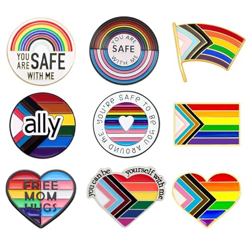 Image of 9pcs Pride Pins You are Safe with Me Pin Rainbow LGBTQ Pins Bulk Pride Ally Pin LGBT Lapel Pins Trans Pride Flag Enamel Pin Rainbow Brooch Pins for Backpacks Clothing Hat Gay Pride Accessories