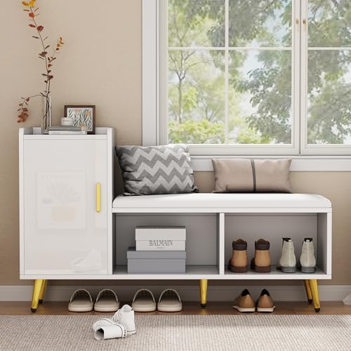ModernLuxe Meuble à Chaussures Blanc Haut Brillant avec Assise Rembourrée – Banc à Chaussures...