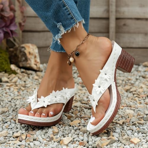 Floral Sandals for Women 7cm Block Heel Separator Slippers Summer Non Slip Flip-Flops Beach Shoes3