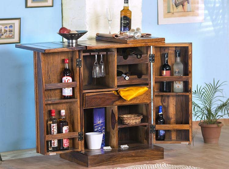 Image of Credenza Wooden Bar Cabinet for Home || Wine Storage Rack with Drawer & Glass Holder || Sheesham Wood for Living Room and Bar Cabinets Furniture || Natural Brown Finish Bar Cabinet with Drawers