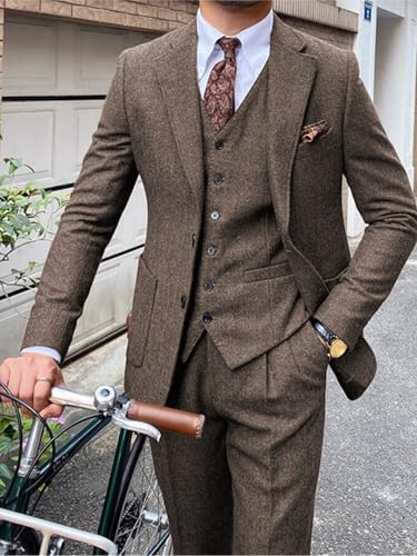 Men Retro Tweed Suit 3 Piece Herringbone Slim Fit Suits Wedding Groom Tuxedos2