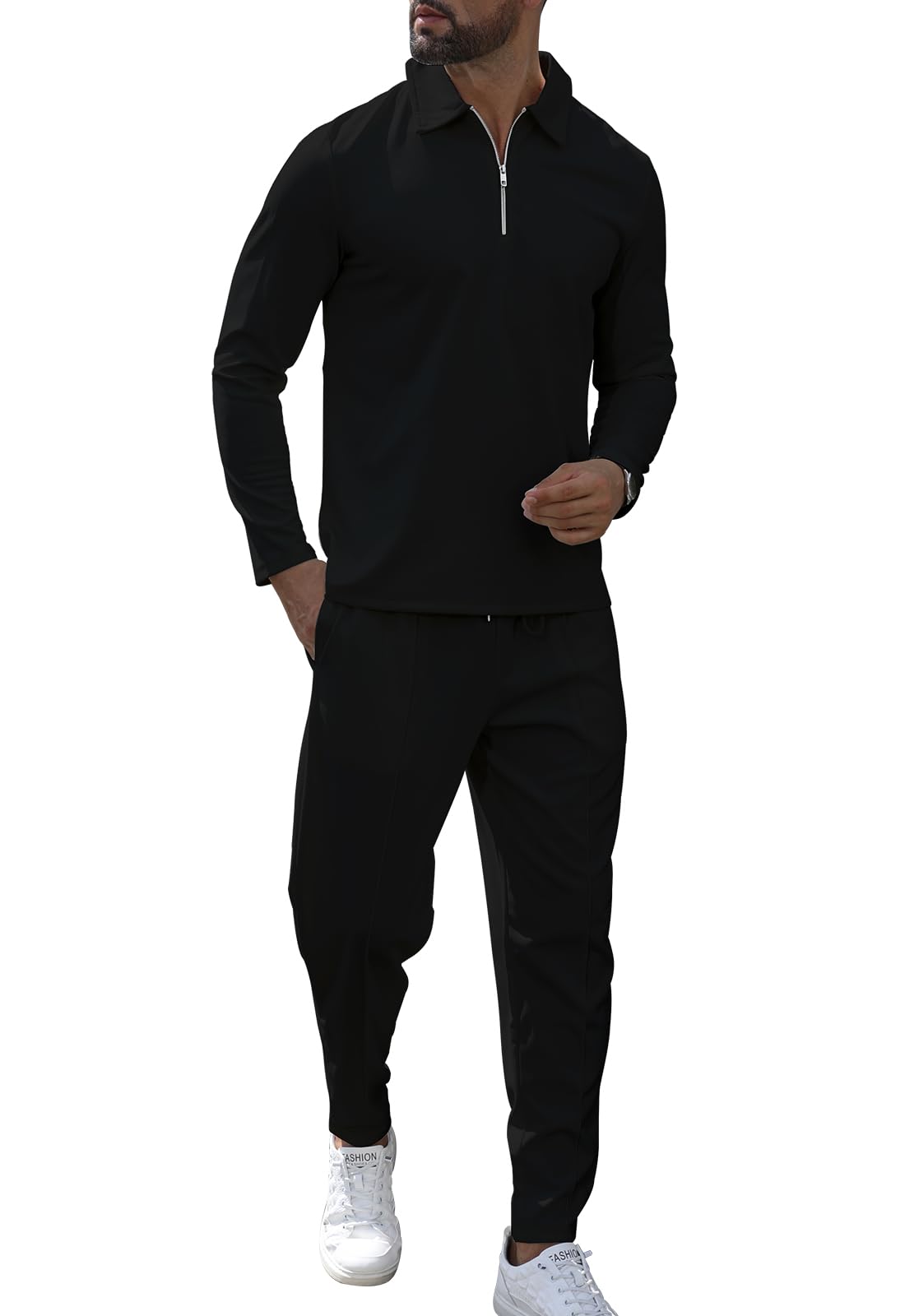KUYIGO Męskie dresy polo z zamkiem 1/4 2-częściowe stroje sweter z długim rękawem zestaw dresowy bluza i joggery na co dzień topy waflowe dół sport odzież sportowa strój golfowy S-XXL