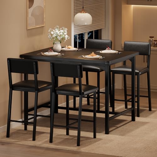 IDEALHOUSE Dining Table Set for 4 with Footrest & Corner Protector Counter Height Table with 4 Upholstered Bar Stools 5-Piece Kitchen Table Set for Dining Room Apartment Pub Rustic Black