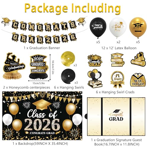 Image of Vlipoeasn Black Gold 2026 Graduation Party Decorations 2026 College /High School Graduation Decorations Party Supplies, Class of 2026 Congrats Grad Backdrop Banner Signature Book