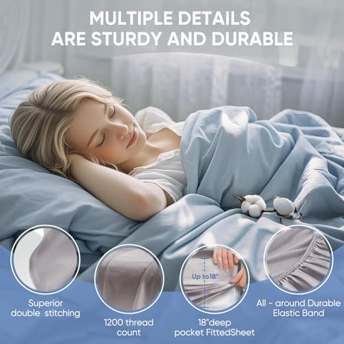 Image of TWK 100% Egyptian Cotton 1200 Thread Count Bedding Set, Generous Thickness, Long-Lasting Wear Resistance, Pilling Proof, Deep Pockets Fit Up to 18 inch (French Blue, Full)