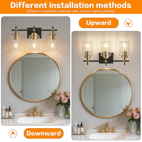 Image of SOLFART Bathroom Lighting Fixtures Over Mirror: 3-Light Black and Gold Vanity Lights Clear Glass Shades(Bulbs Not Included)