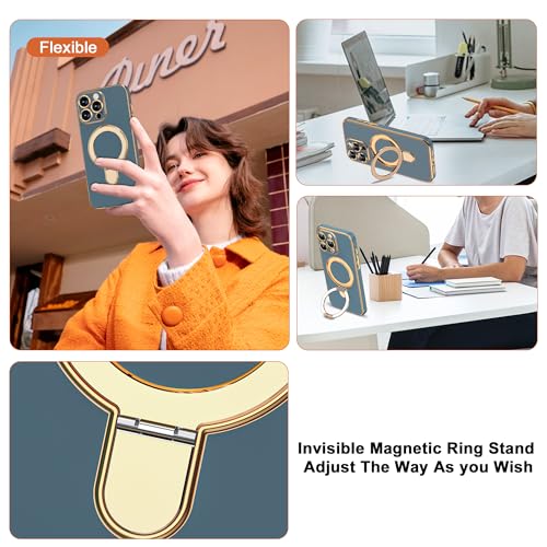 ETPESOK Compatible with iPhone 16 Pro Max Case with Magnetic Ring Stand [Compatible with Mag-Safe] [Full Camera Lens Protector] Soft Plating Phone Case for iPhone 16 Pro Max 6.9", Grey Blue by ETPESOK - Image 2