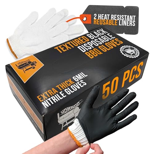 HDMNDD Black Disposable BBQ Gloves Kit with 50 Heavy Textured Fingertip Handles and 2 Heat Resistant, Washable, Reusable Glove Liners for Grill BBQ Cooking Gloves, Meat