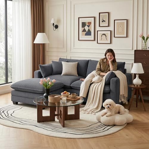 Image of Gizoon 75'' Loveseat with Ottoman for Small Space L Shaped Cloud Coucher with Deep Seats, 2 Seater Love Seat Sofa with Washable Corduroy Cover for Living Room Bedroom, Gray