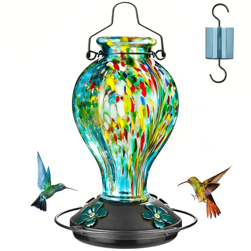 Tegarbed Hand Blown Glass Hummingbird Feeders for Outdoors Hanging, 24oz Wild Bird Nectar Feeder with Ant Moat and Perch, Bee-Resistant Ports, Garden Decor, Gifts for Women Mom, 1 Pack, Blue Fireworks