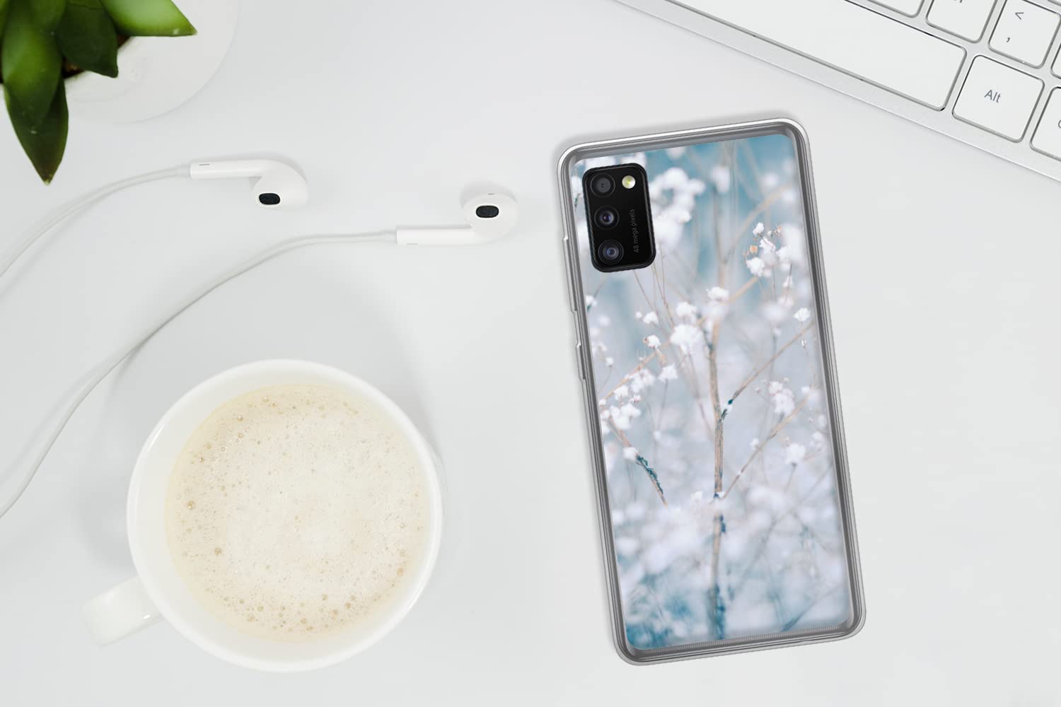 MuchoWow Funda para Samsung Galaxy A41 - Ramas - Nieve - Invierno - Naturaleza - Botánica - Funda de Silicona/Funda Blanda para teléfono móvil