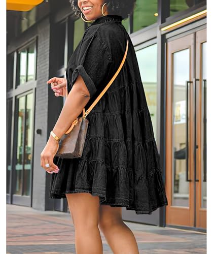 Image of Womens Denim Babydoll Dresses Summer Outfits Button Down Ruffle Tiered Jean Dress