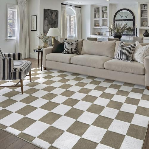 Kariert Teppich Wohnzimmer 140x200cm Beige Weiß Schlafzimmer Waschbarer Teppiche 3D Effekt Kinderzimmer Kinderteppich Esszimmer Kurzflor Weich rutschfest Groß Carpet Beige Weiß 140 x 200 cm