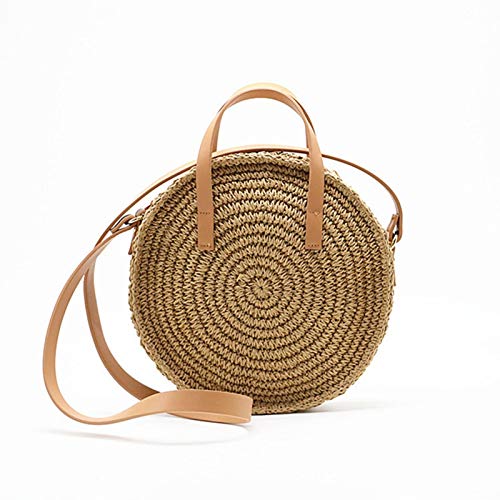 Chengstore - Bolso de Mano Redondo de Paja para Mujer, 1, Camel