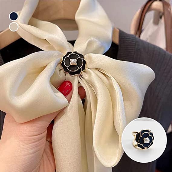 Camellia Scarf Buckle,Women's Elegant Pearl Floral Scarf Ring Clip,Pearl Channel Style Silk Scarves Buckle Ring,French Retro Camellia Flower Scarf Ring (4 pcs)2
