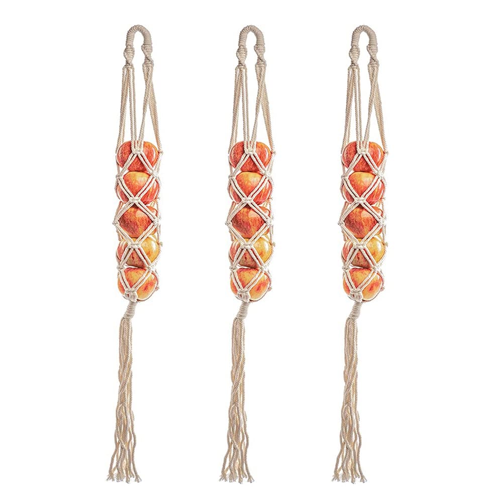 CTRLZS Set of 3 Macrame Hanging Fruit Basket Storage Wall Hanging Produce Storage Boho Kitchen Decoration