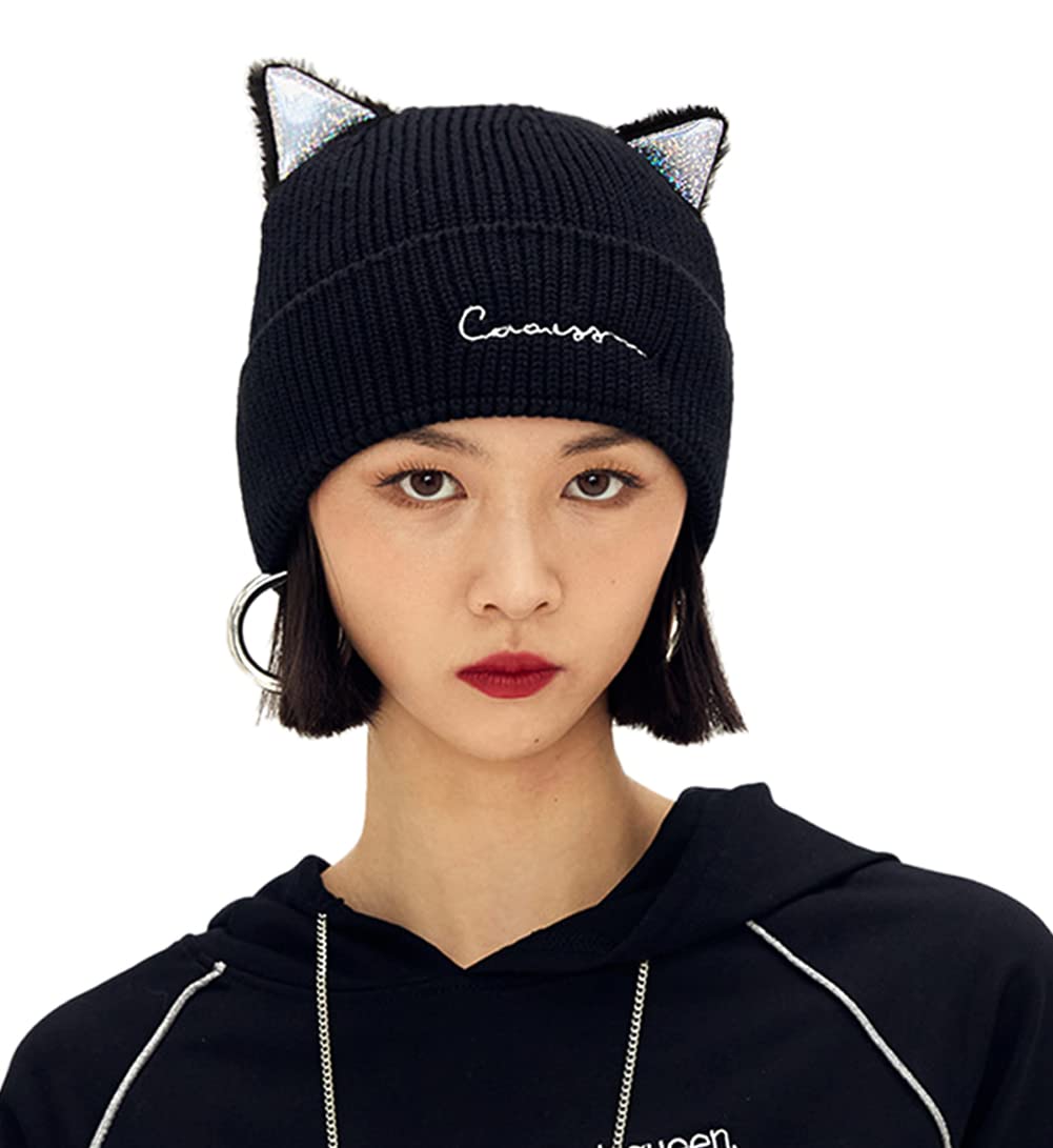 KirmooWomen's Cat Ear Beanie Winter Warm Cute Fun Knit Hat with Ears Fleece Lined