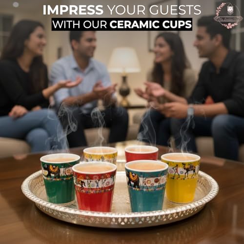 Image of Handcrafted Ceramic Kulhad Tea Cups Set, Handmade Floral Design, Eco-Friendly & Premium Festive Gift for Diwali, Weddings, Home Decor & Special Occasions (Set of 6 - Modern Tribe)