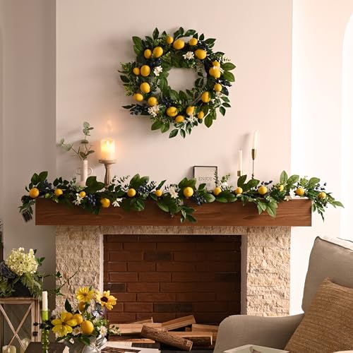 Valery Madelyn Summer Lemon Garland for Mantle with Lights, 6FT Spring Fake Fruit Eucalyptus Garland for Stairs, Artificial Thick Faux Greenery Vine for Farmhouse Home Kitchen Table Centerpiece