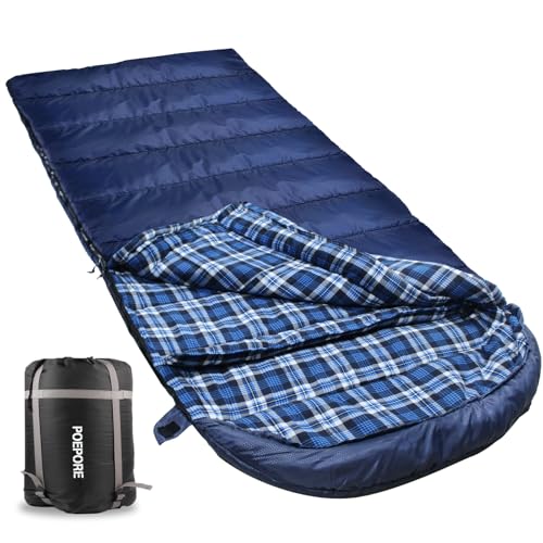 POEPORE Flannel Sleeping Bag Cotton 0 Degree Cold Weather for Adults XXL Sleeping Bag 4 Season Big and Tall with Compression Sack