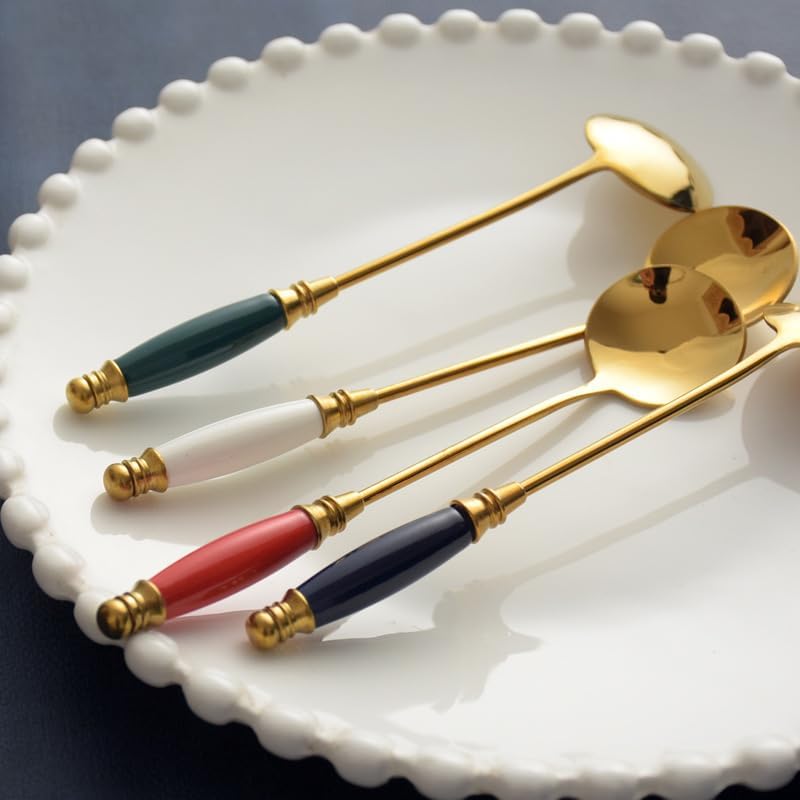 Silverware Flatware Set, 1/4/6/8/10/12 Pieces Creative Stainless Steel Long Handle Stirring Spoon Household Afternoon Tea Drink Stirring Honey Spoon Dessert Coffee Spoon(Green Gold,12 Piece