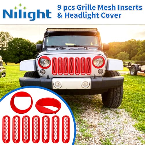 Image of Nilight Grill Inserts fit for Jeep Wrangler Front Grille Mesh Inserts & Headlight Cover Set for JK JKU Unlimited Sports Sahara Freedom Rubicon 2007-2018 Clip-in Trim Exterior Accessories Red 9 Pcs