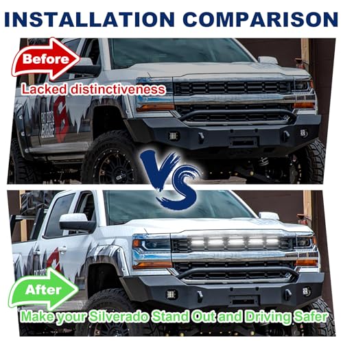 Image of LED Front Grill Lights for 2016 2017 2018 Chevy Silverado 1500 Accessories | Fits Silverado Custom WT LT LS Only Grille Light Bar with adaptor fuse Waterproof smoked lens Bright 5000K Silverado lights