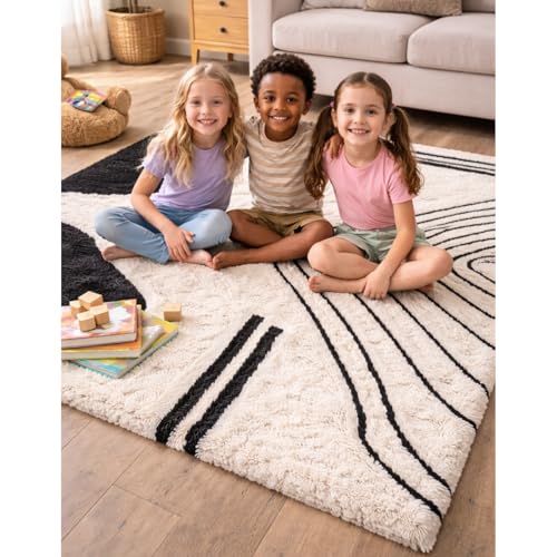 Image of 4x8 feet Shaggy Polyester Abstract Modern Area Rug - 2 Inch High Pile Ultra Soft Plush Carpet for Living Room, Bedroom & Kids Room, Thick Fluffy Rug for Indian Home Decor A - Rectangular