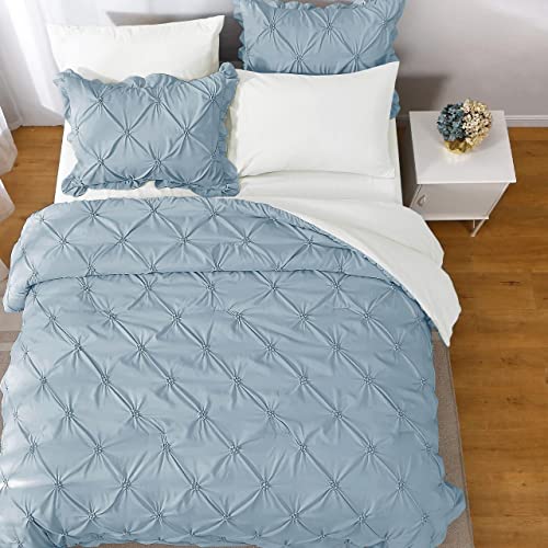 JOLLYVOGUE Light Blue/Ivory Full Size Comforter Sets 7 Pieces, Pintuck Bed in a Bag Comforter Set for Bedroom, Bedding Comforter Sets with Comforter, Sheets,Ruffled Shams & Pillowcases