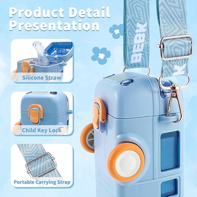 Image of Kids Water Bottle 500ml Bus Shape with Straw & Sipper, BPA Free Leakproof School Water Bottle with Lock & Strap for Boys & Girls (Blue)